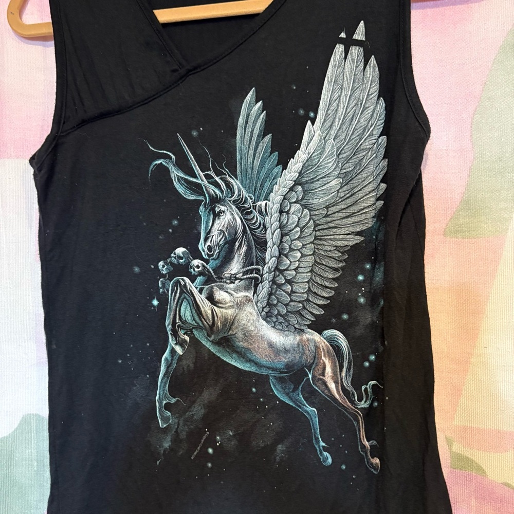 Spiral Direct Black Tank Top with Winged Horse Pegasus Unicorn Design Mythical M